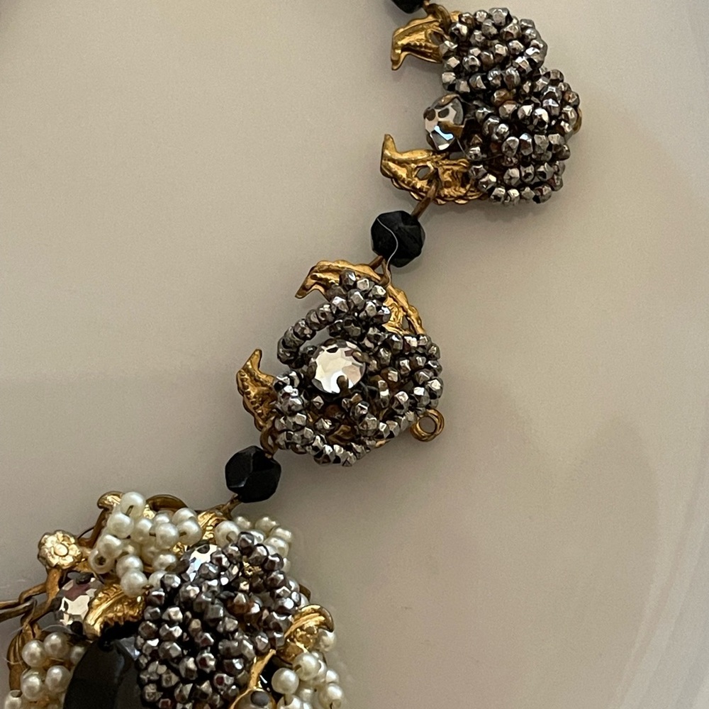 Haskell Diamonte Pearl Gold Filigree Black Pendant Signed Vintage Necklace - Picture 3 of 14